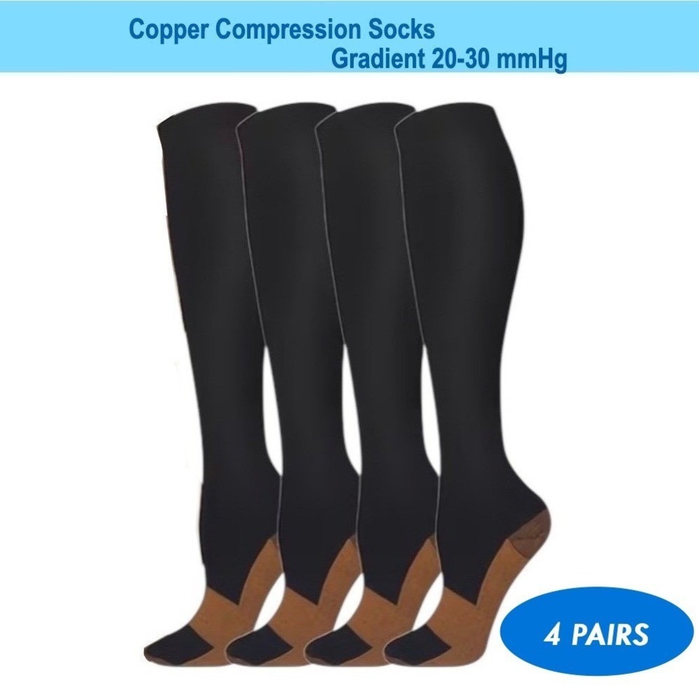 Unisex 20-30 mmHg Compression Socks L/XL Knee High Medical Black Rib 4‎ Pack NEW